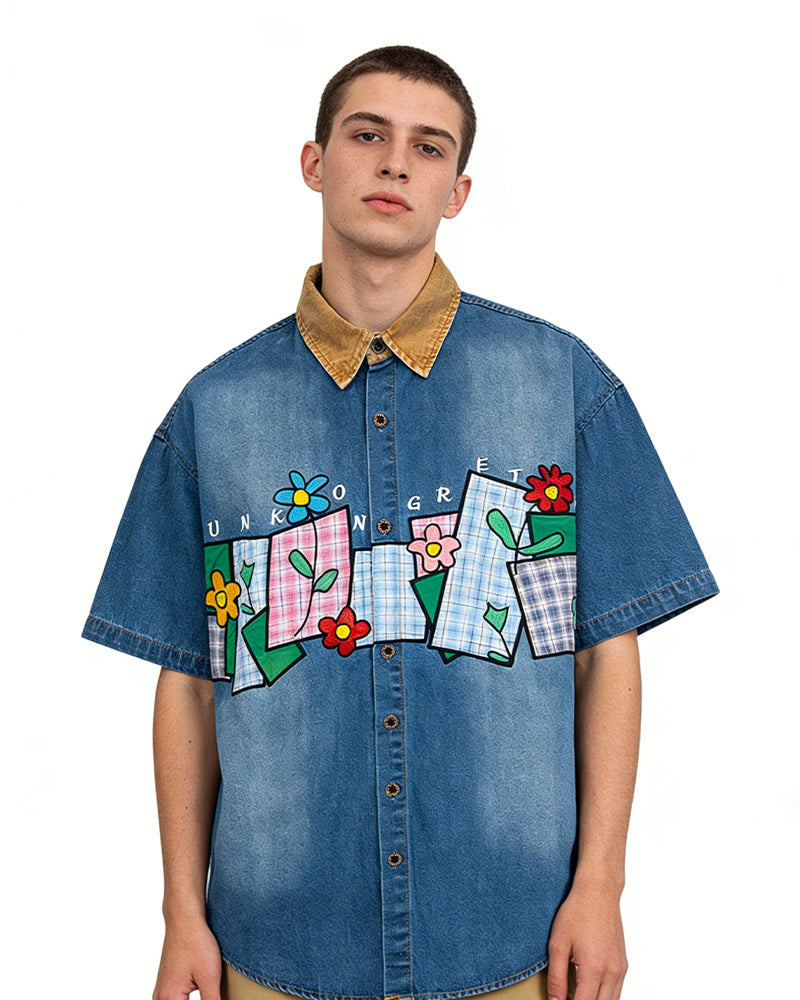 花卉貼布短袖襯衫