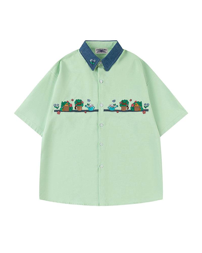 Contrast color stitching cute short sleeve shirt