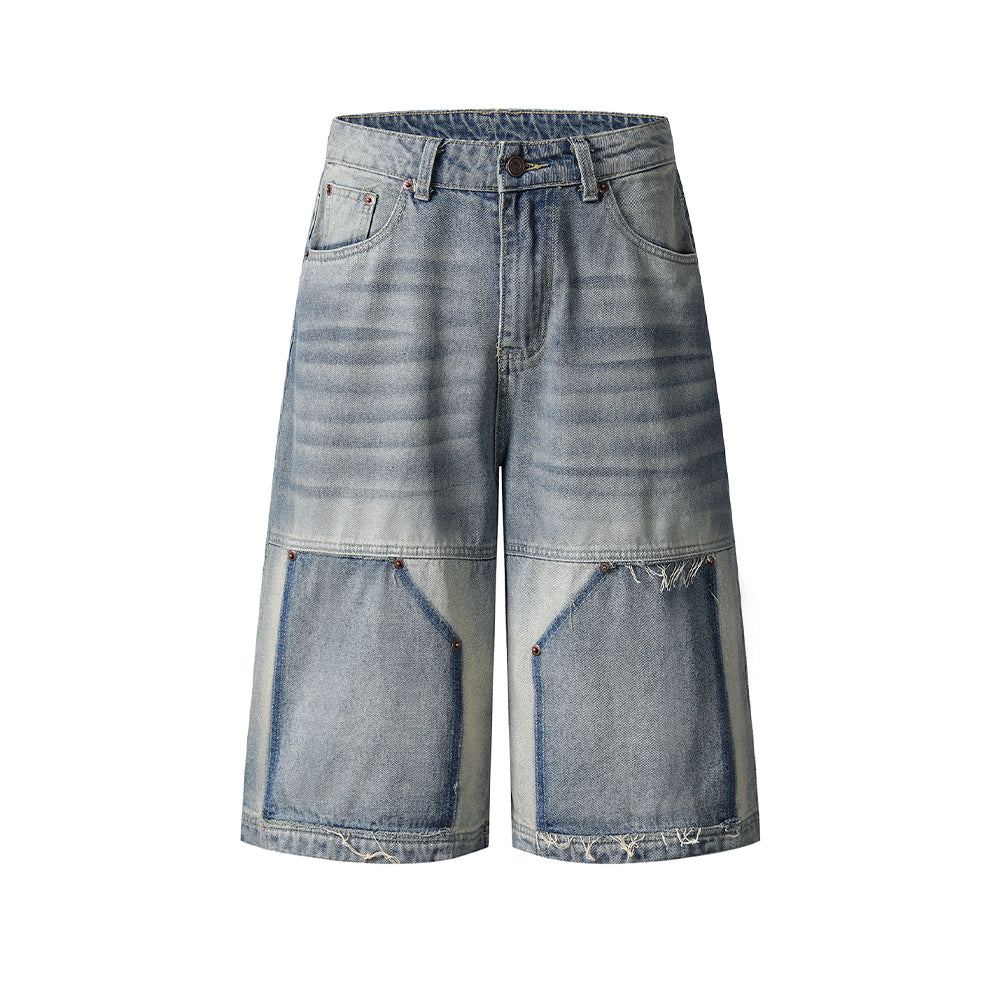 Washed panel denim shorts