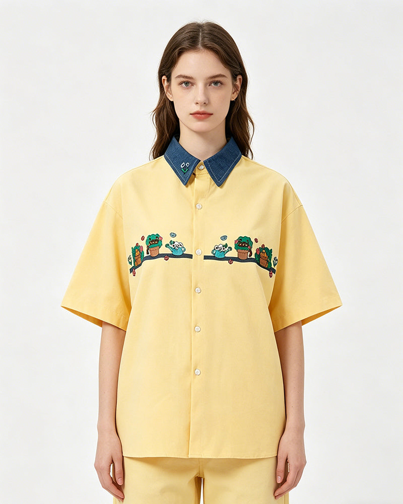 Contrast color stitching cute short sleeve shirt