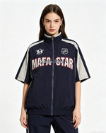 American retro patchwork sports short-sleeved jacket