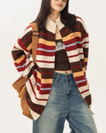 striped stand collar cardigan sweater