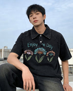 美式水洗做舊花朵翻領短袖