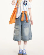 Washed distressed denim cropped shorts