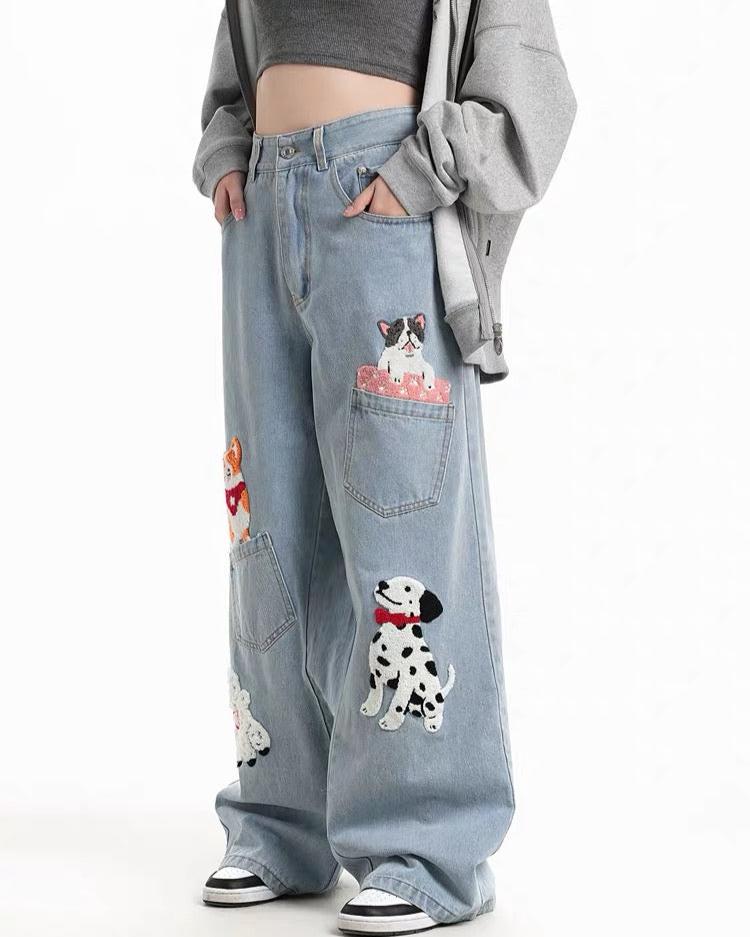 Cute patterned loose denim trousers