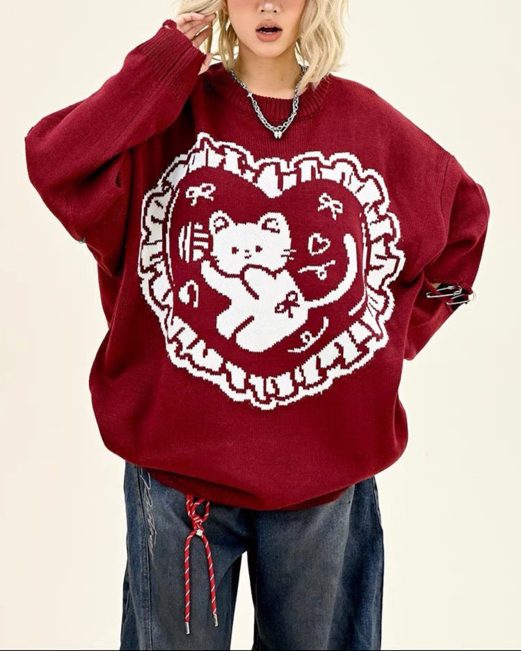 Retro ripped cat sweater