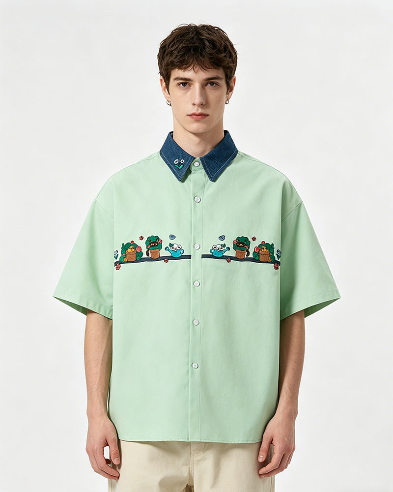 Contrast color stitching cute short sleeve shirt