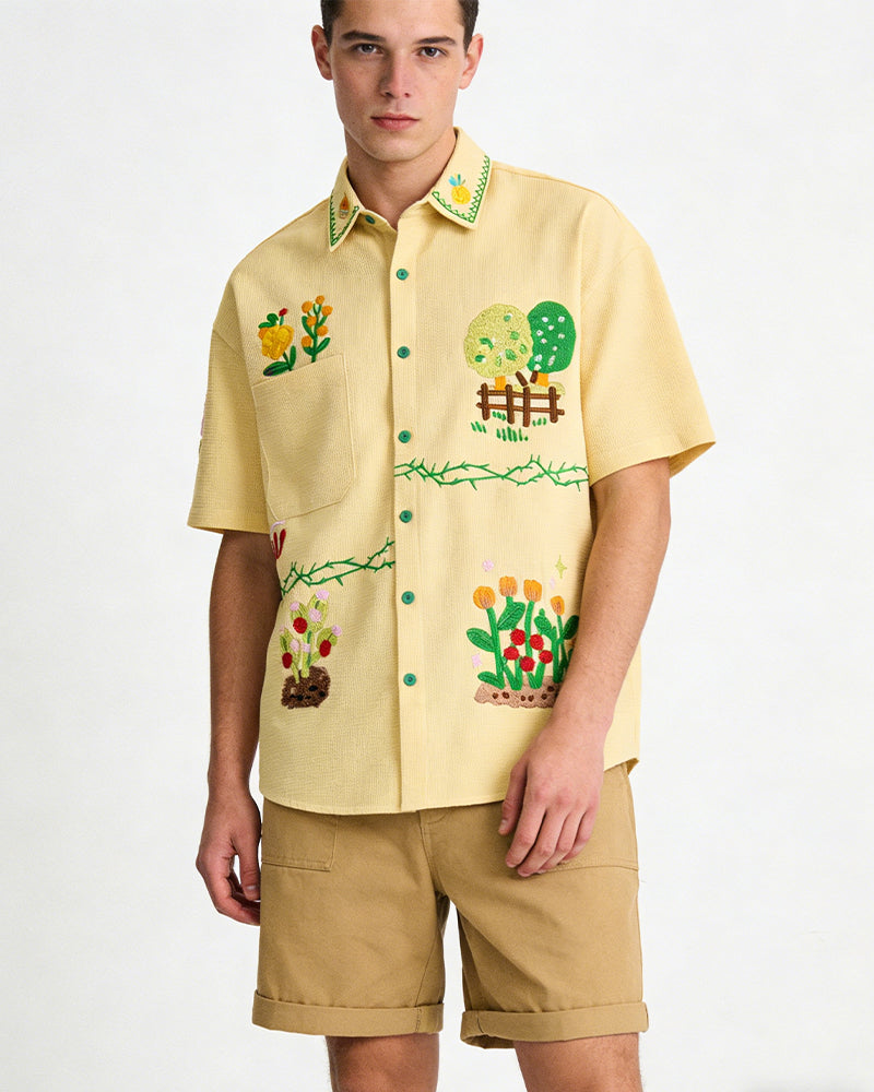 植物刺綉短袖襯衫