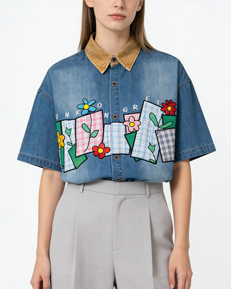 花卉貼布短袖襯衫