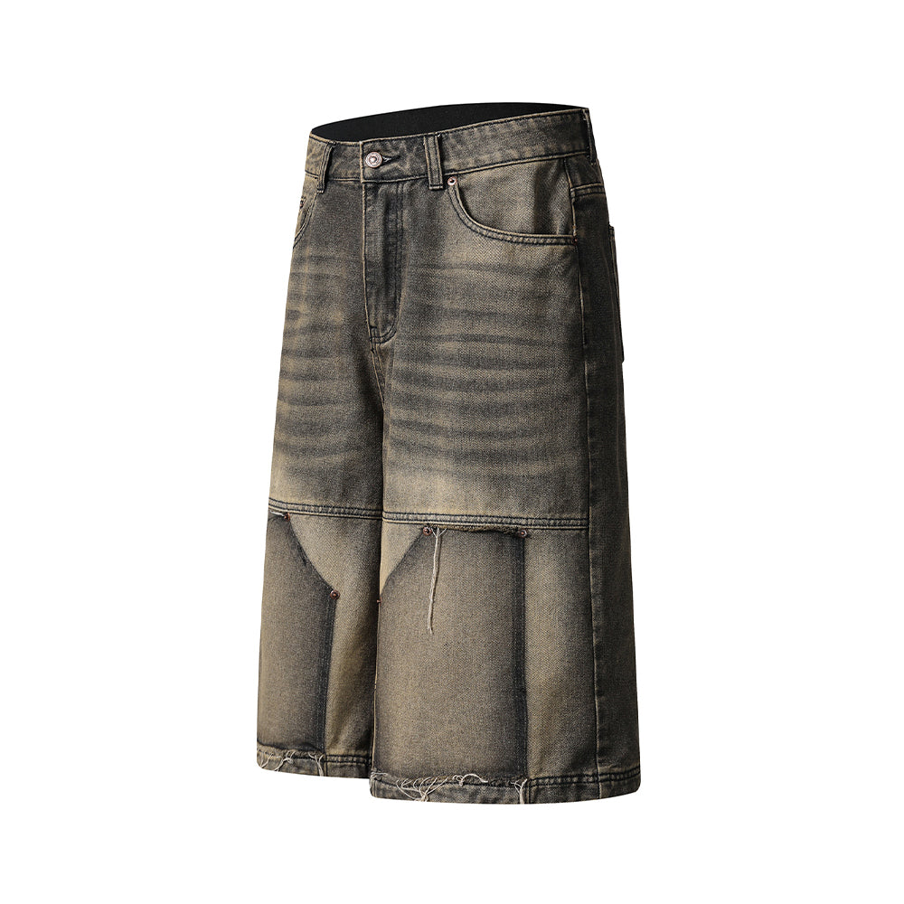 Washed panel denim shorts