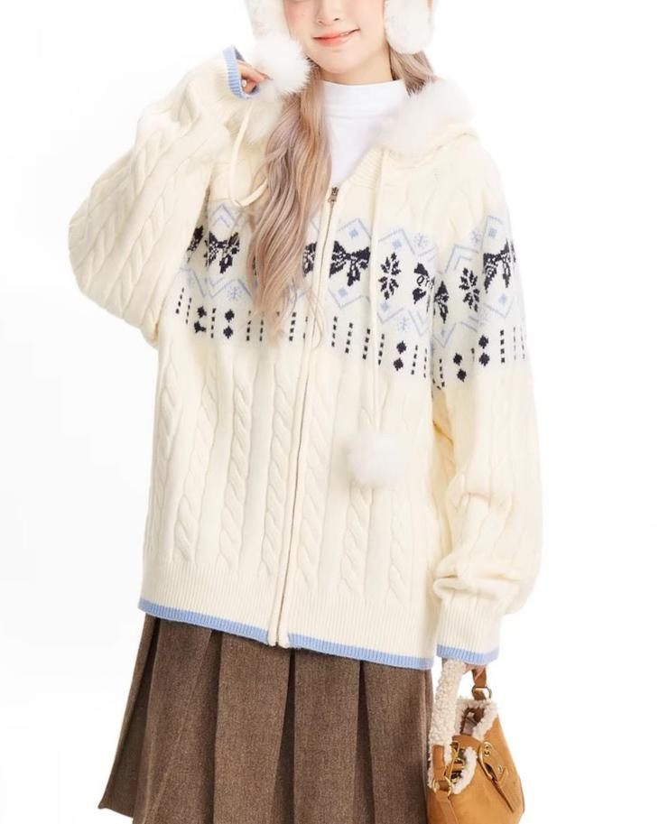 Retro cute hooded cardigan sweater