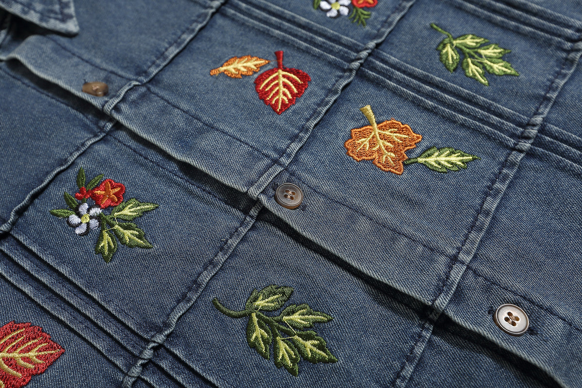 vintage leaf embroidered denim shirt