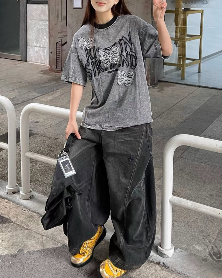 做舊綉花牛仔短袖