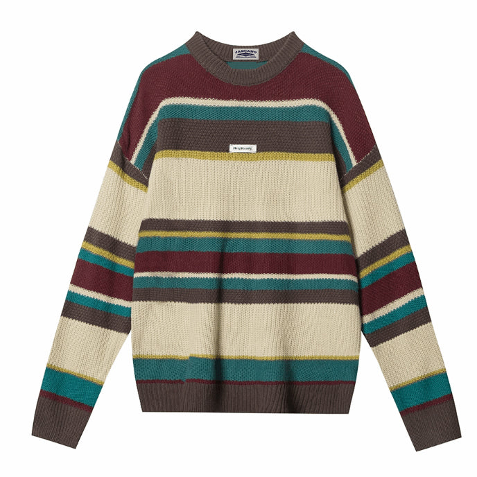 Retro striped loose crew neck sweater