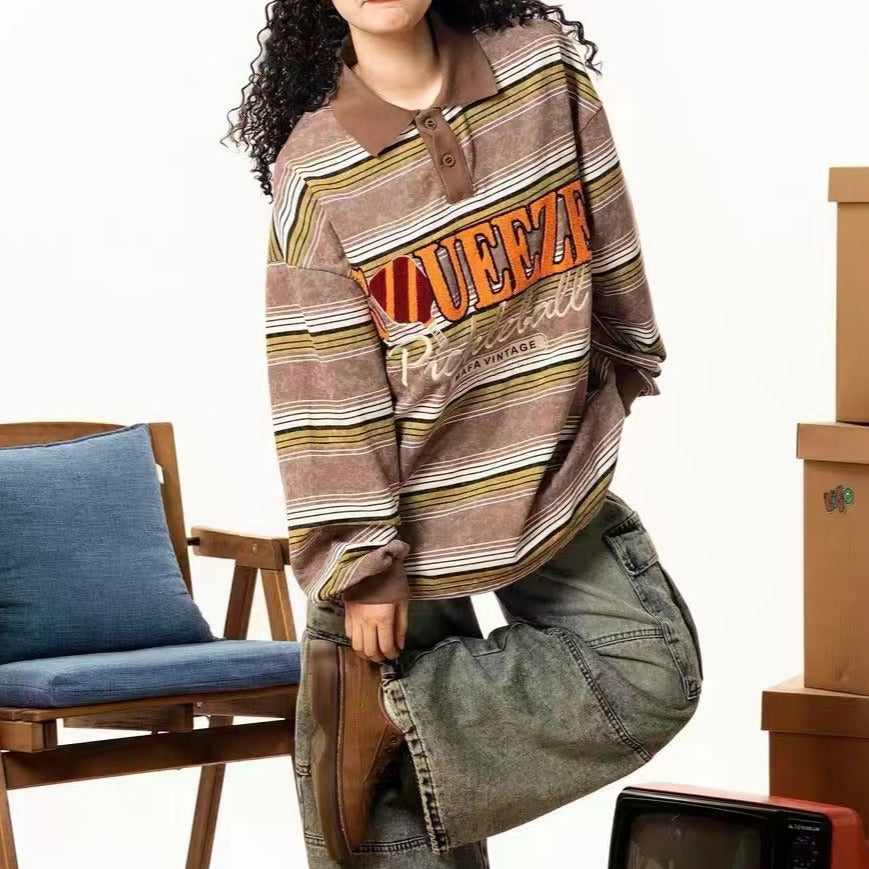 Retro letter embroidered striped long-sleeved sweatshirt