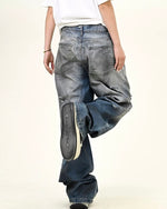 水洗破洞直筒牛仔褲
