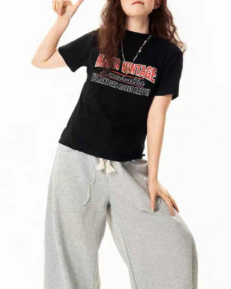 Letter Printed Round Neck Short Sleeve (Women's)