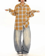 做舊撞色格子連帽襯衫