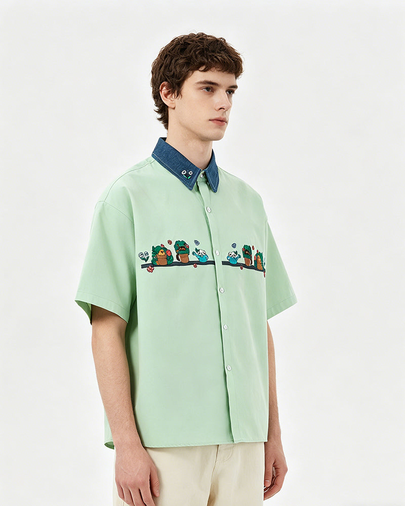 Contrast color stitching cute short sleeve shirt