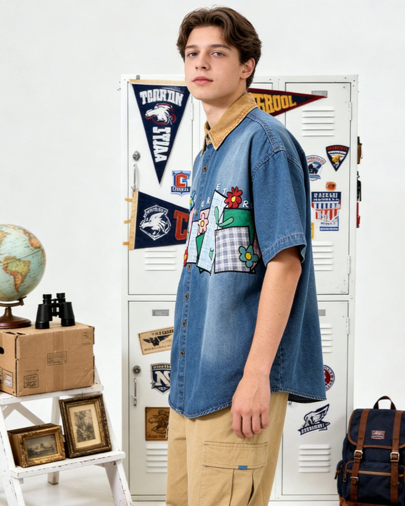 花卉貼布短袖襯衫