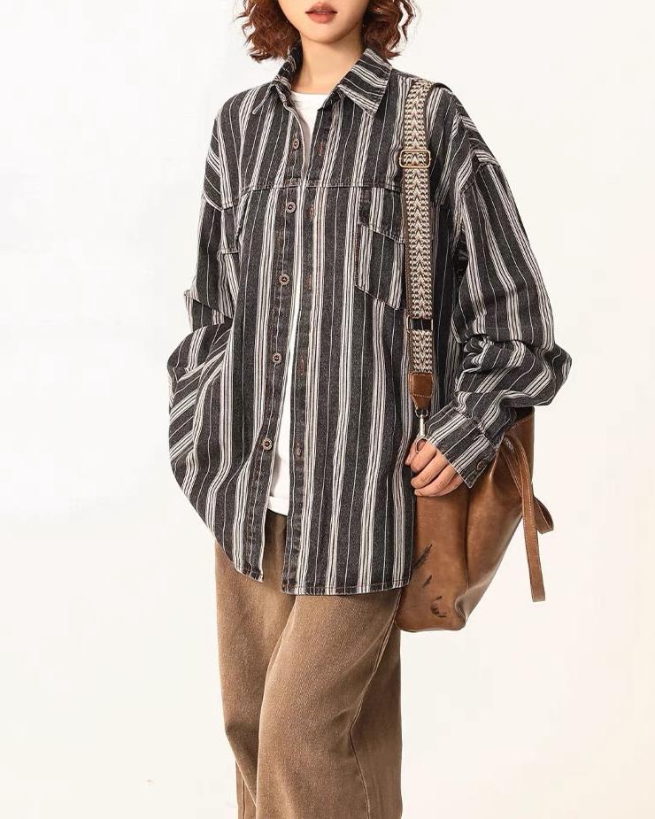 Retro vertical striped long-sleeved shirt 