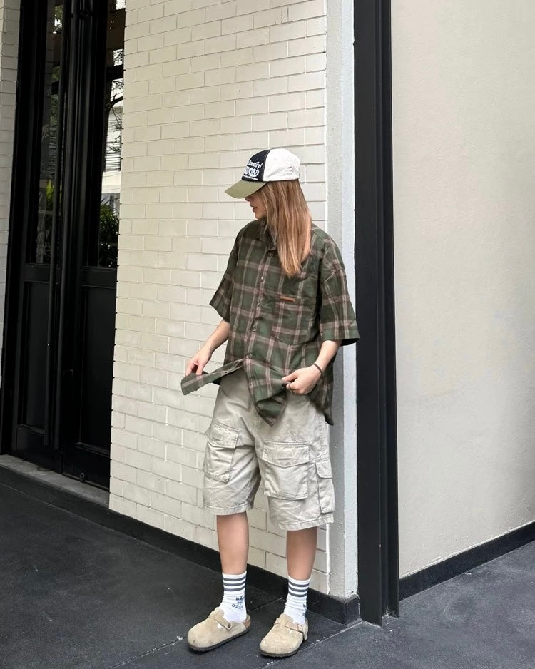 美式復古格子短袖襯衫