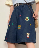 Cartoon embroidered denim shorts