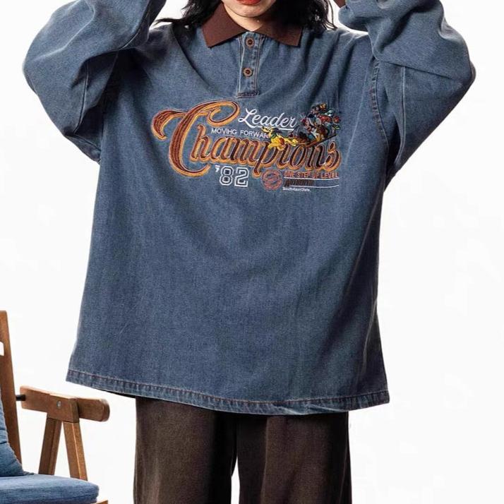 Fun cartoon embroidered denim long sleeves