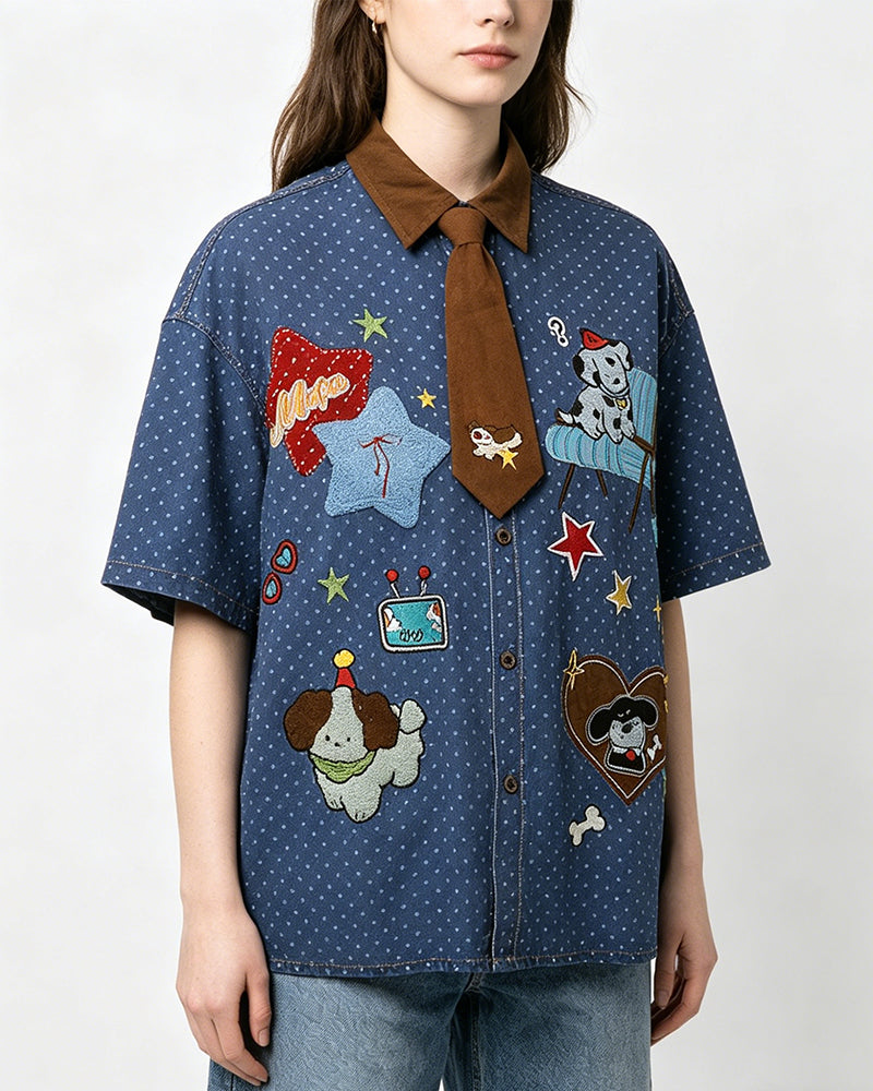 Cartoon Embroidered Short-Sleeve Shirt