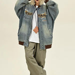 Retro distressed embroidered denim baseball jersey