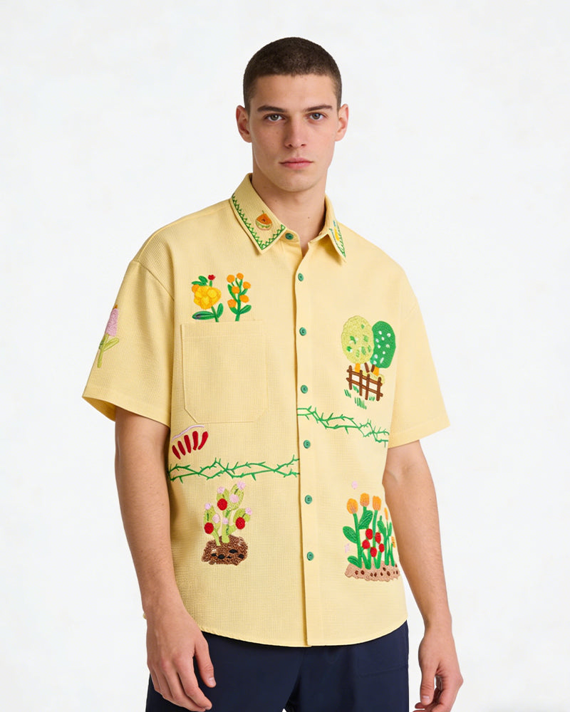 植物刺綉短袖襯衫