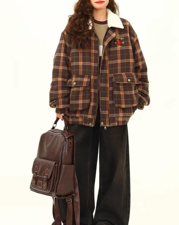 Retro embroidered plaid cotton jacket