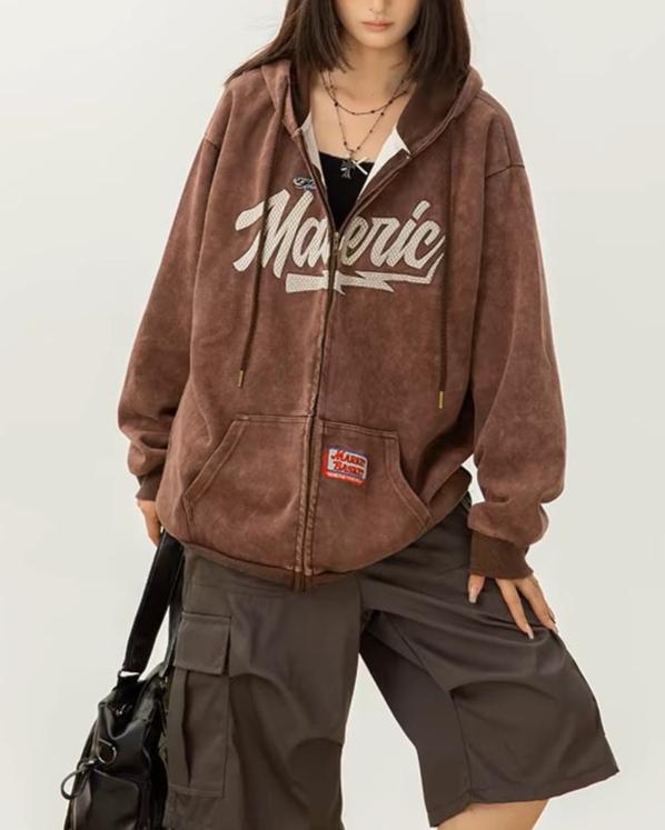 Retro Lettering Hooded Couple Jacket