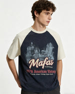 Distressed print color-blocked short-sleeved shirt