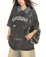 水洗拼接翻領短袖