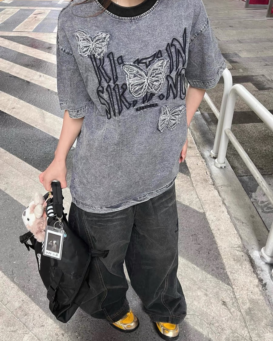 做舊綉花牛仔短袖