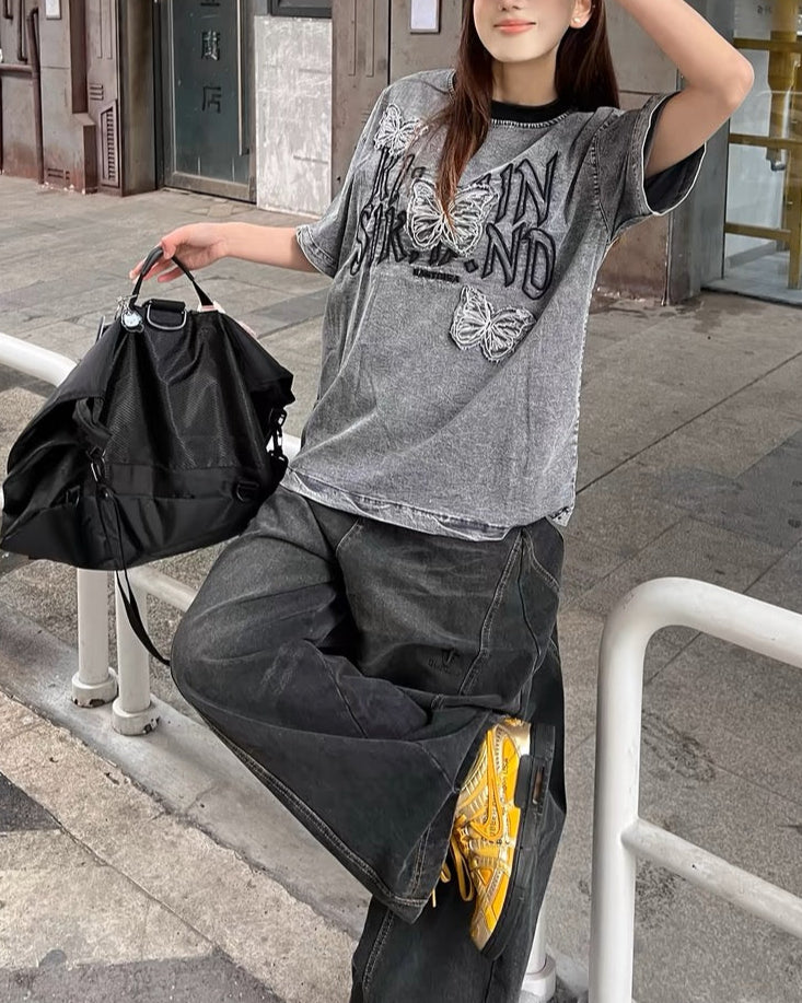 做舊綉花牛仔短袖