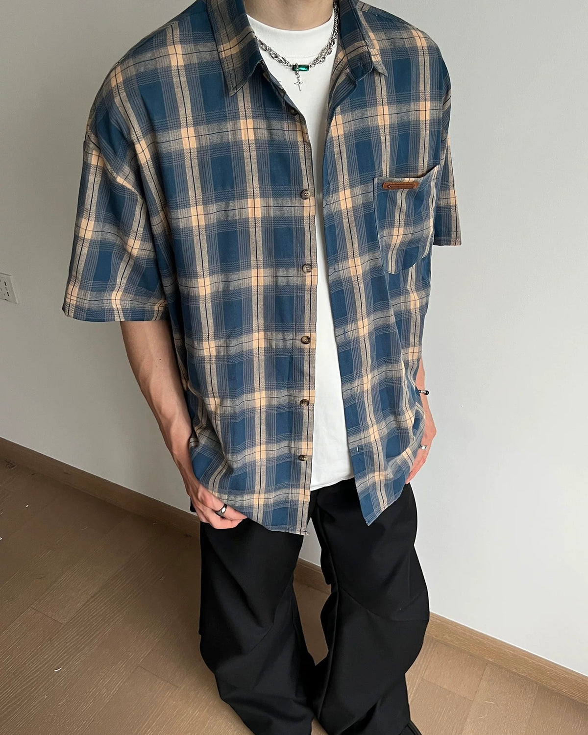 美式復古格子短袖襯衫
