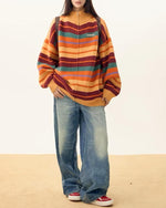 striped stand collar cardigan sweater