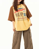 대조적인 컬러 스티칭 짧은 소매