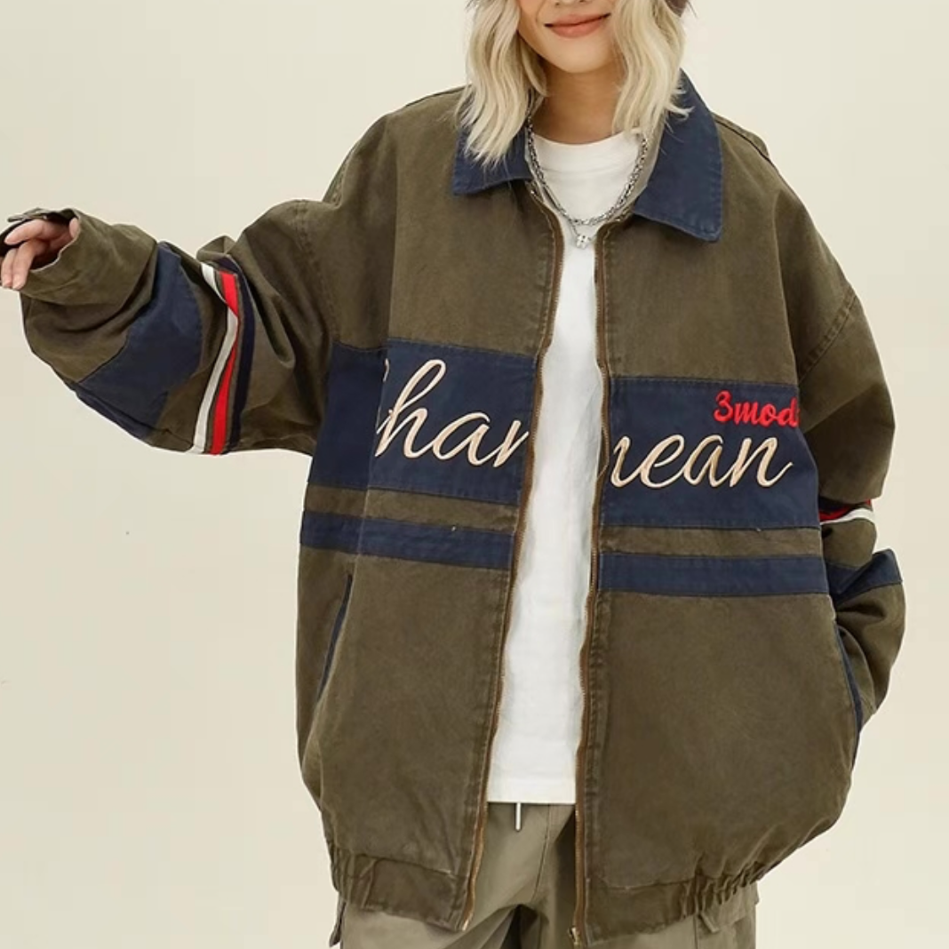 Retro distressed color block embroidered jacket