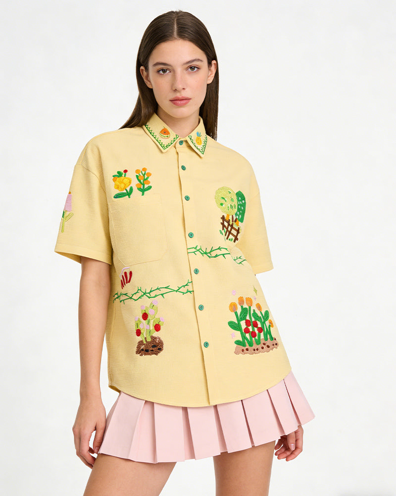 植物刺綉短袖襯衫
