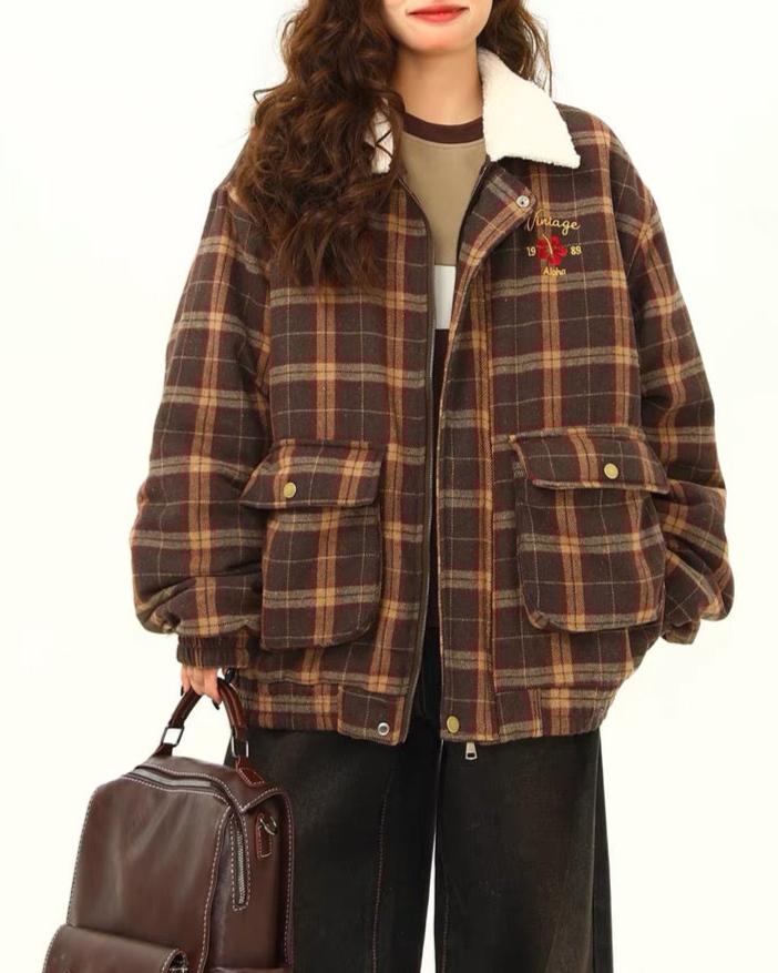 Retro embroidered plaid cotton jacket