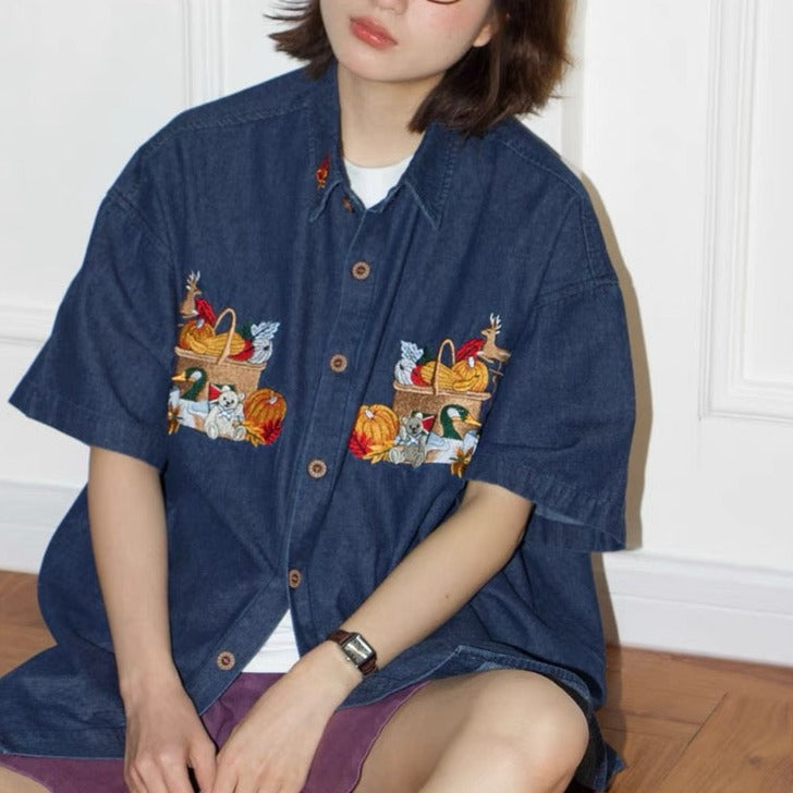 Retro cartoon embroidered denim shirt 