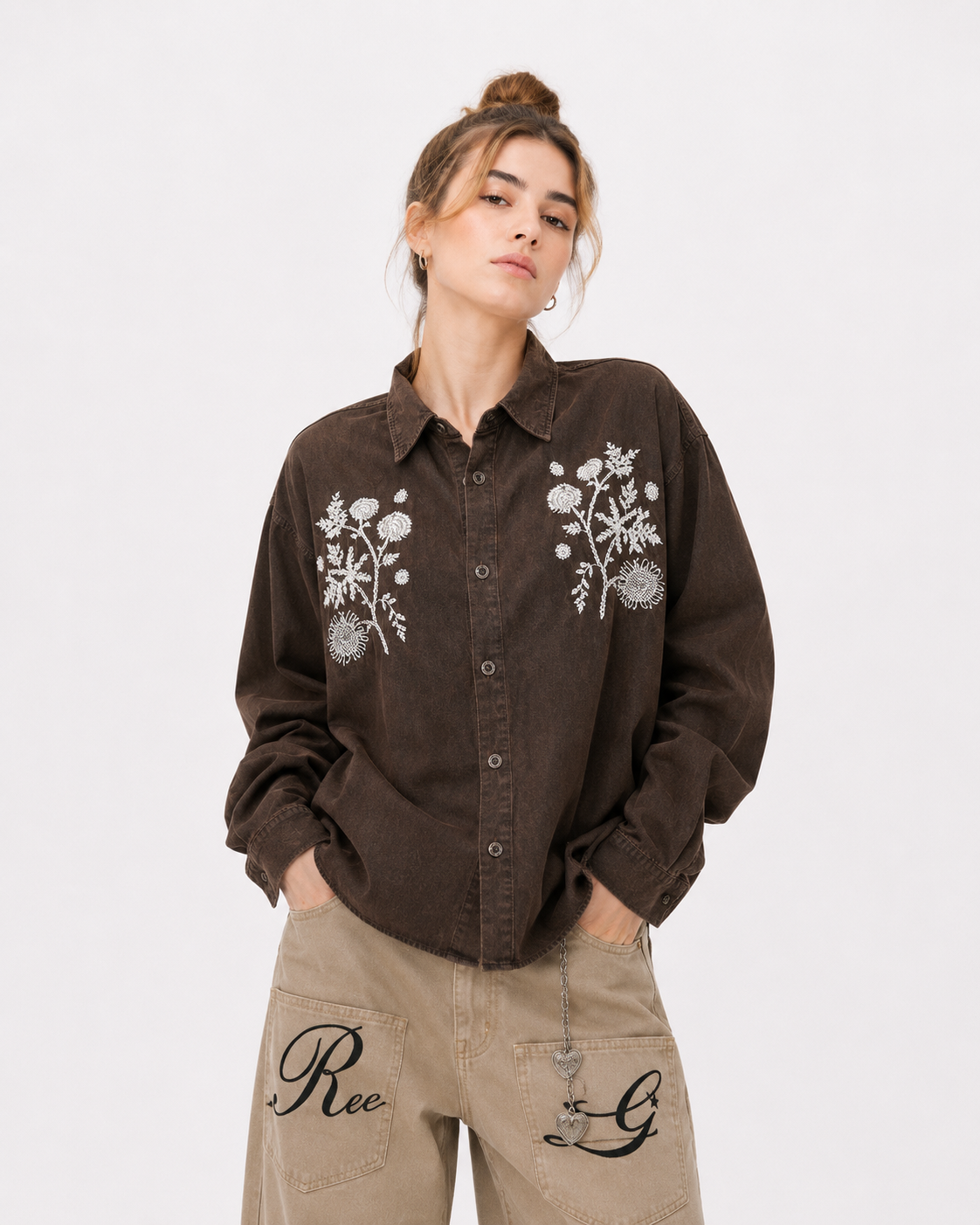 Floral Embroidered Long-Sleeved Shirt