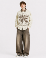Color-blocked distressed long-sleeved shirt