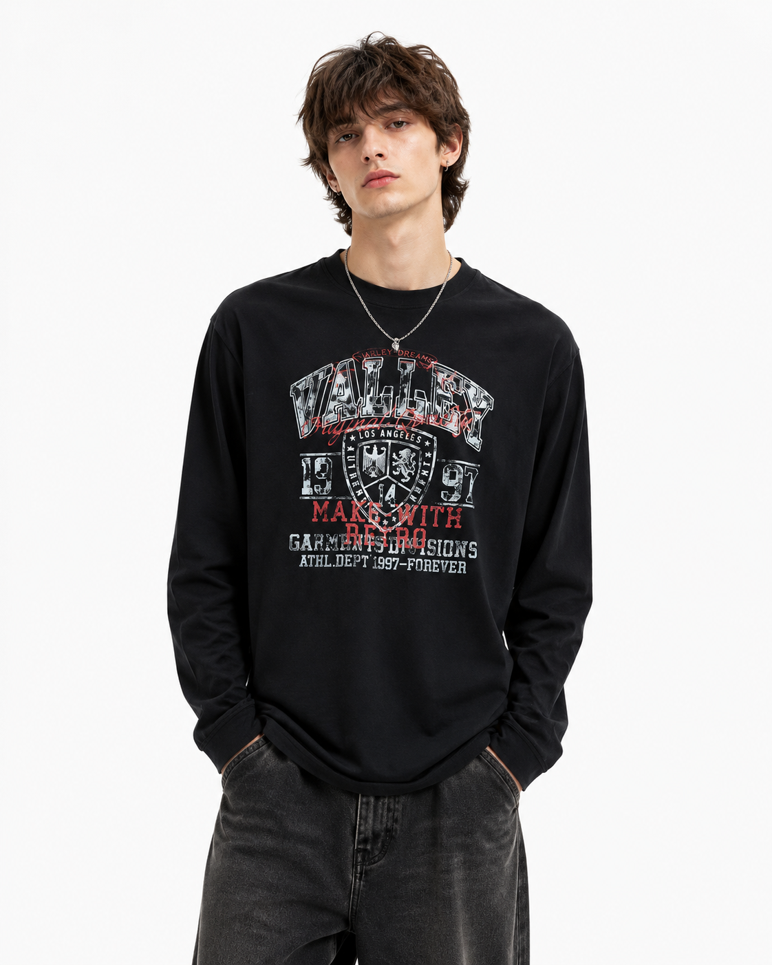 Retro distressed printed long-sleeved shirt