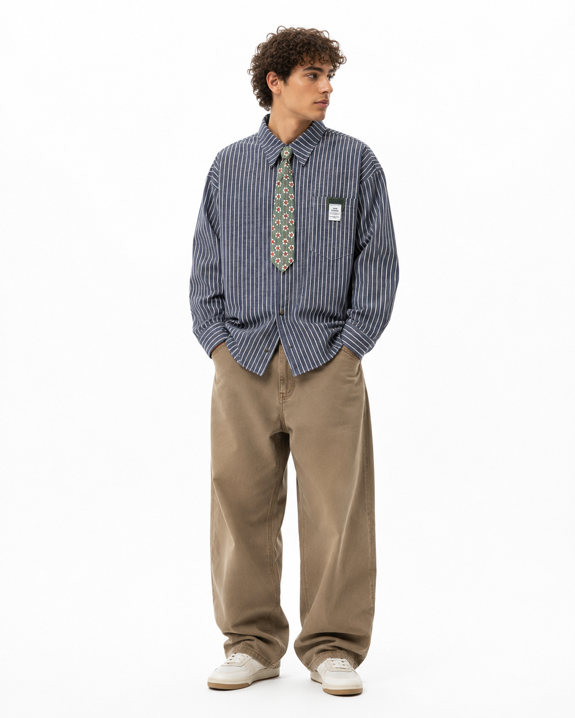 Vertical striped long-sleeved shirt
