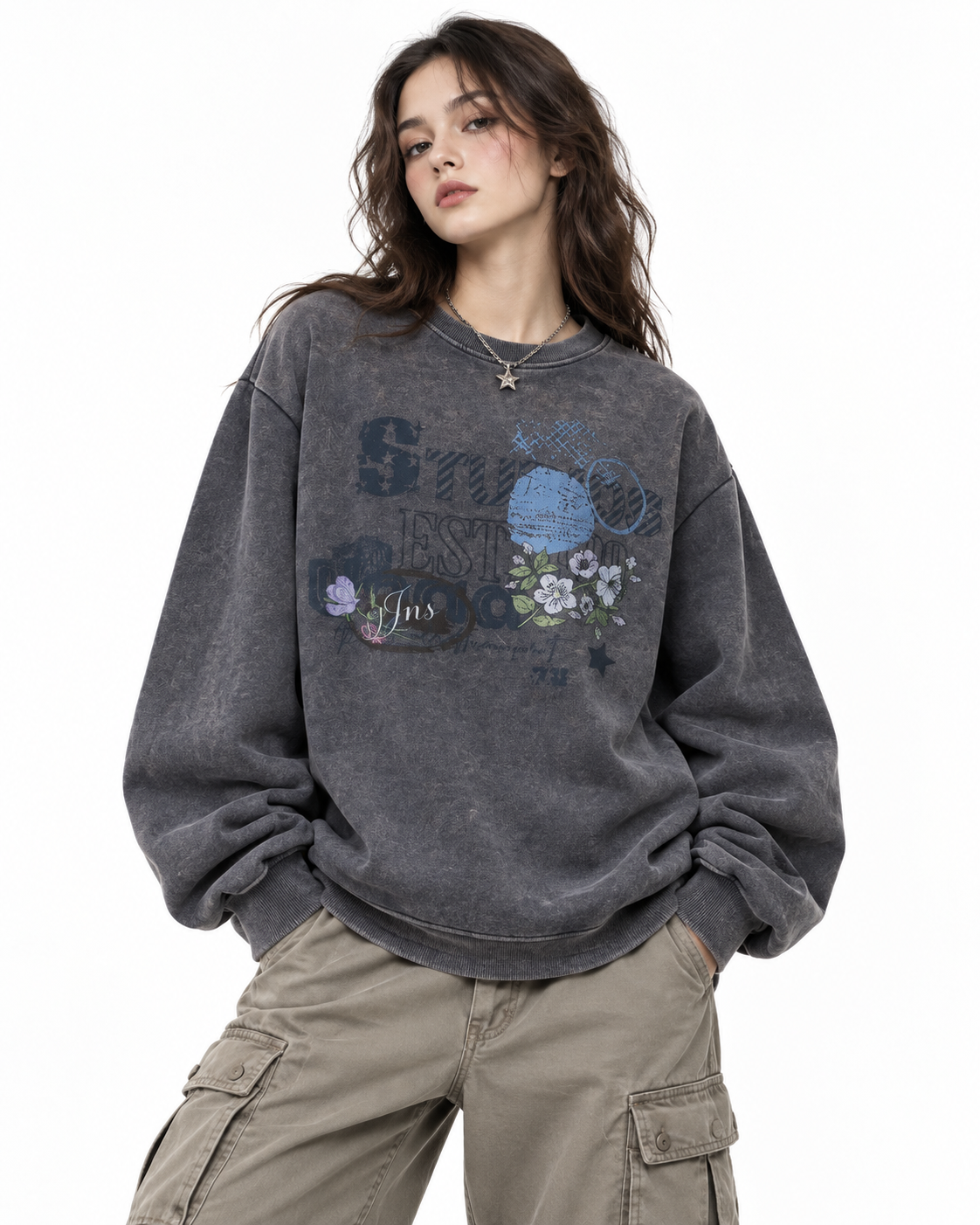 Retro distressed casual sweatshirt