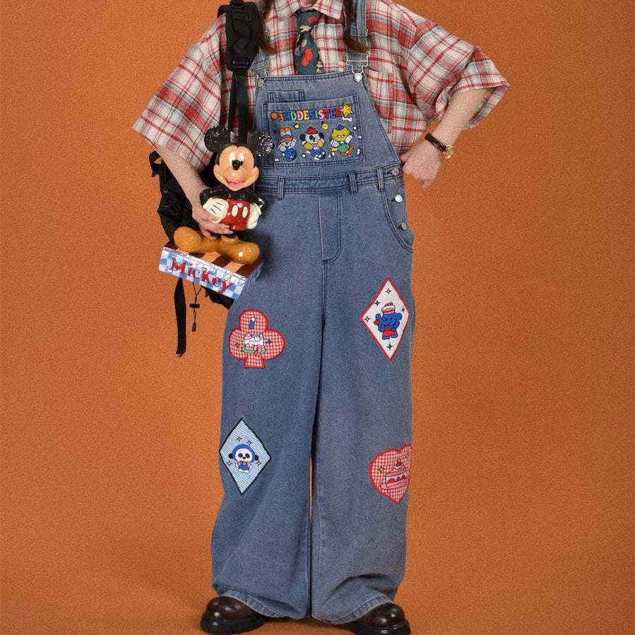 Retro cartoon fun denim overalls